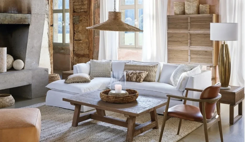 salon-estilo-rustico-con-mesa-y-silla-de-madera-con-lamparas